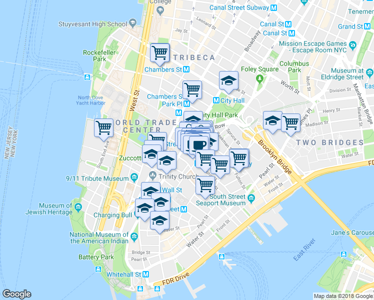 map of restaurants, bars, coffee shops, grocery stores, and more near 192 Broadway in New York