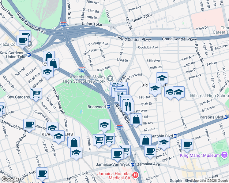 map of restaurants, bars, coffee shops, grocery stores, and more near 85-15 Main Street in Queens