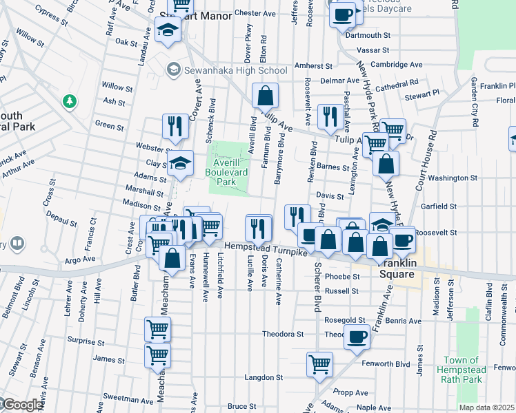 map of restaurants, bars, coffee shops, grocery stores, and more near 59 Farnum Boulevard in Franklin Square