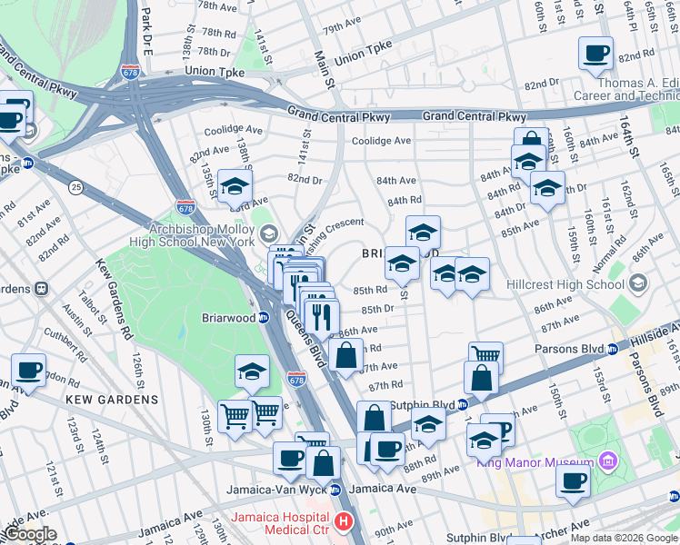 map of restaurants, bars, coffee shops, grocery stores, and more near 140-17 84th Drive in Queens