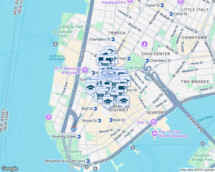 map of restaurants, bars, coffee shops, grocery stores, and more near Broadway in New York