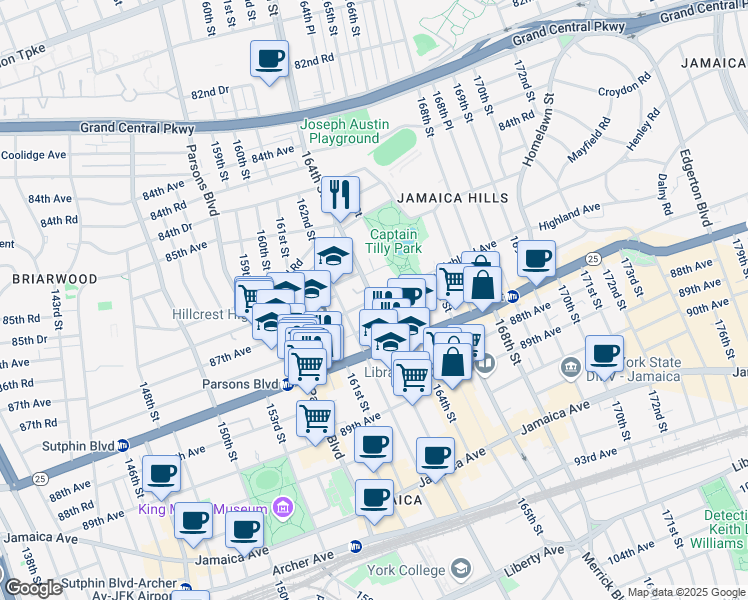 map of restaurants, bars, coffee shops, grocery stores, and more near 164th Street & Highland Avenue in Queens