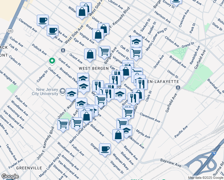 map of restaurants, bars, coffee shops, grocery stores, and more near 165 Claremont Avenue in Jersey City