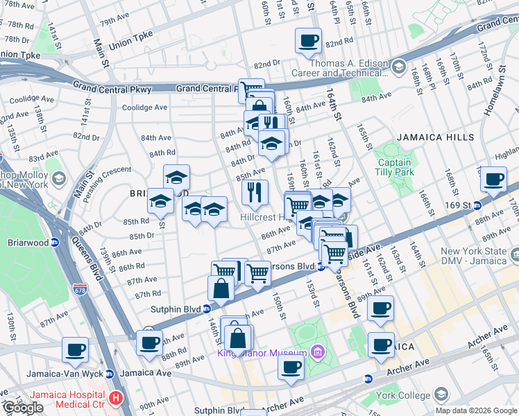 map of restaurants, bars, coffee shops, grocery stores, and more near 85-64 151st Street in Queens