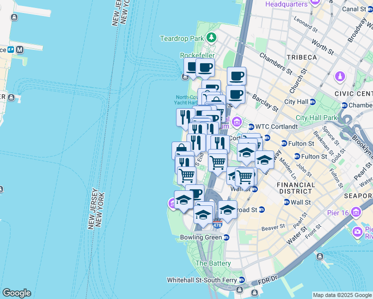 map of restaurants, bars, coffee shops, grocery stores, and more near 377 Rector Place in New York