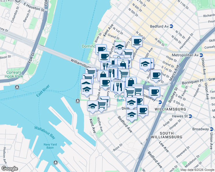 map of restaurants, bars, coffee shops, grocery stores, and more near 101 South 8th Street in Brooklyn