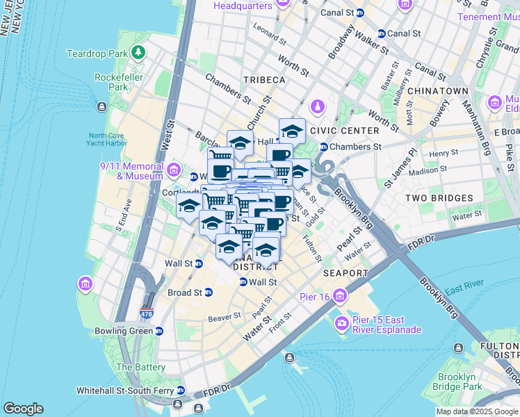 map of restaurants, bars, coffee shops, grocery stores, and more near 75 Nassau Street in New York