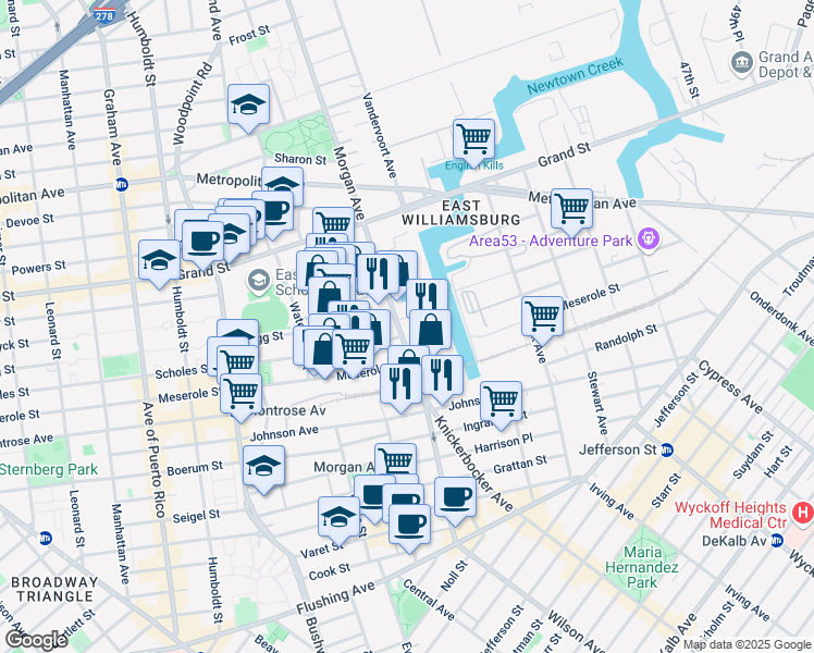 map of restaurants, bars, coffee shops, grocery stores, and more near in Brooklyn