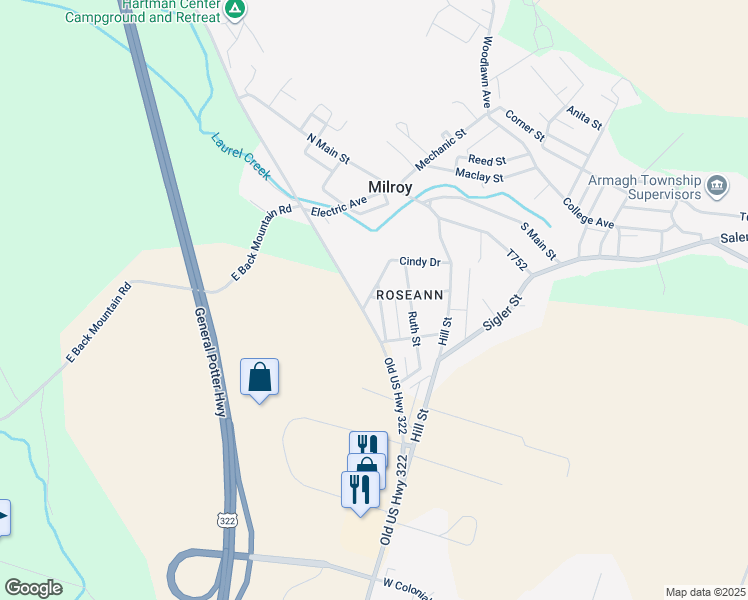 map of restaurants, bars, coffee shops, grocery stores, and more near 49 Liane Street in Milroy