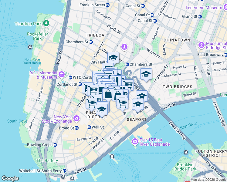 map of restaurants, bars, coffee shops, grocery stores, and more near 165 William Street in New York