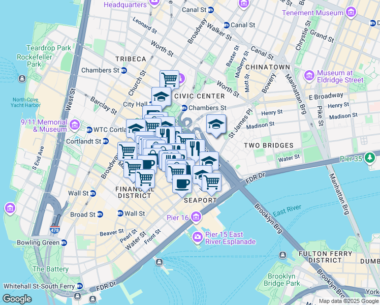 map of restaurants, bars, coffee shops, grocery stores, and more near 100 Gold Street in New York