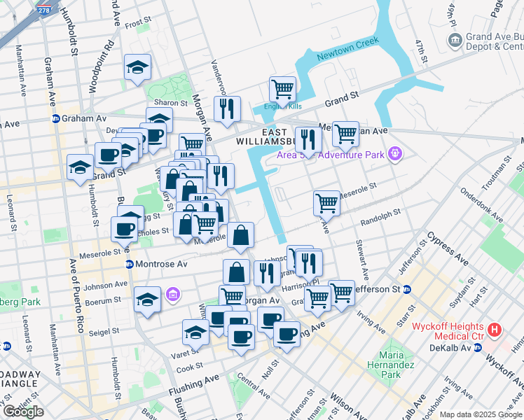 map of restaurants, bars, coffee shops, grocery stores, and more near 154 Morgan Avenue in Brooklyn