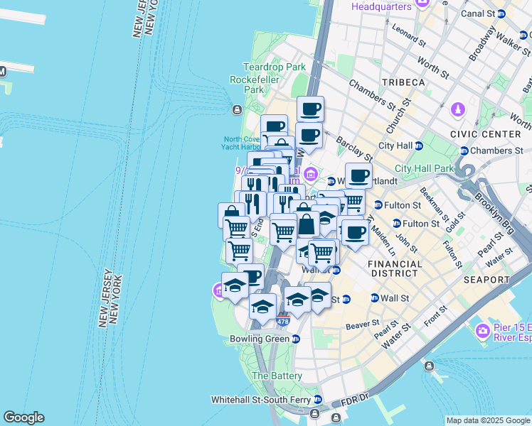 map of restaurants, bars, coffee shops, grocery stores, and more near 315 South End Avenue in New York