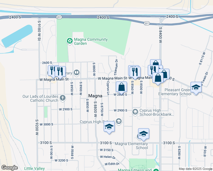 map of restaurants, bars, coffee shops, grocery stores, and more near 2742 Cyprus Lane in Magna