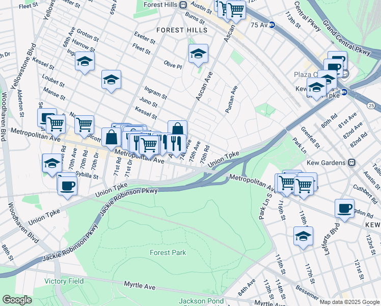 map of restaurants, bars, coffee shops, grocery stores, and more near 100-22 75th Avenue in Queens