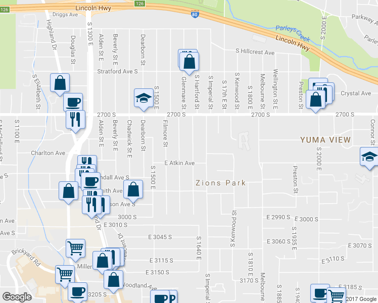 map of restaurants, bars, coffee shops, grocery stores, and more near 2817 South Hartford Street in Salt Lake City