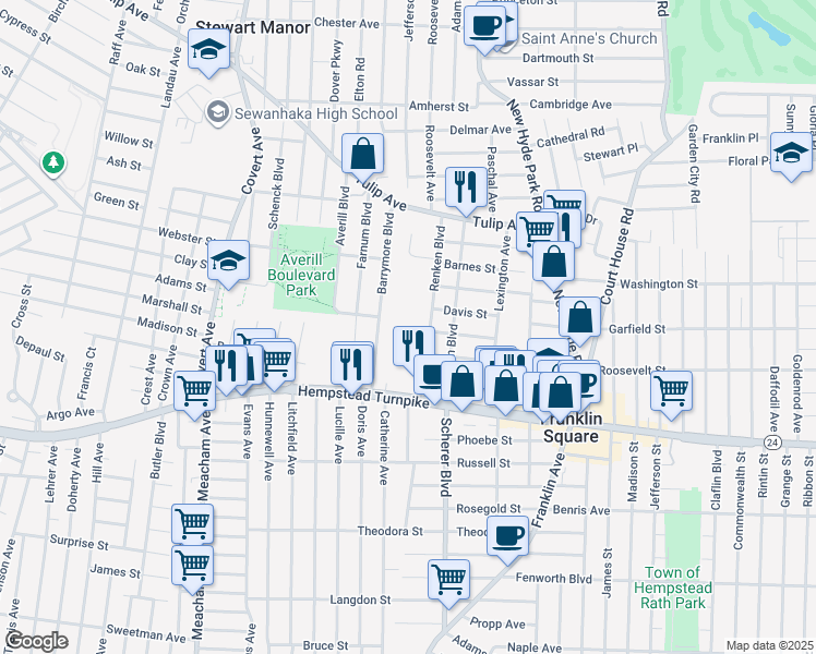 map of restaurants, bars, coffee shops, grocery stores, and more near 58 Barrymore Boulevard in Franklin Square