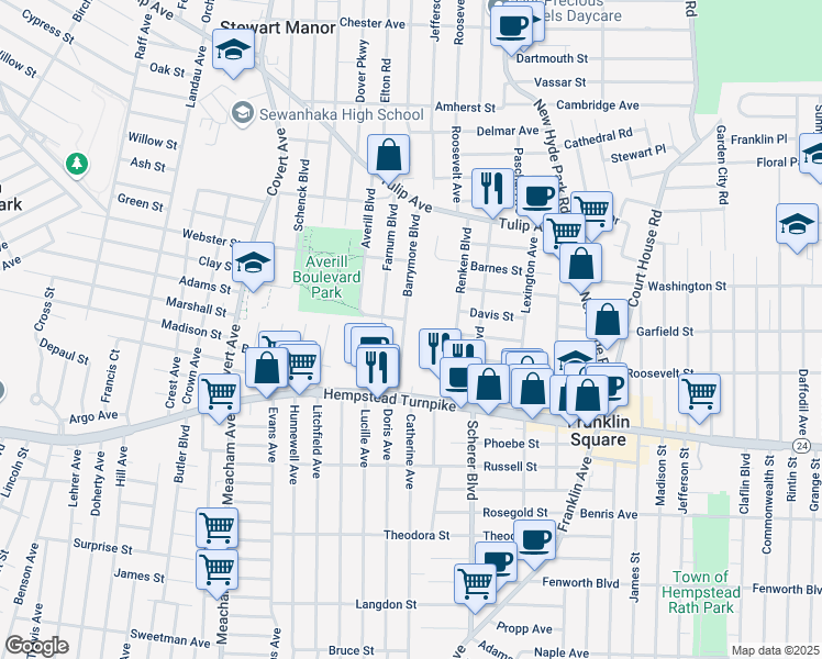 map of restaurants, bars, coffee shops, grocery stores, and more near 58 Barrymore Boulevard in Franklin Square
