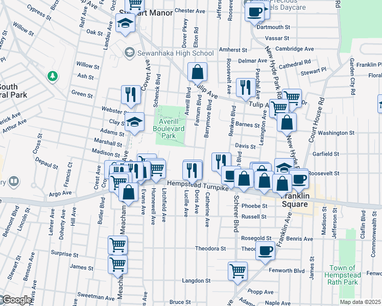 map of restaurants, bars, coffee shops, grocery stores, and more near 59 Farnum Boulevard in Franklin Square