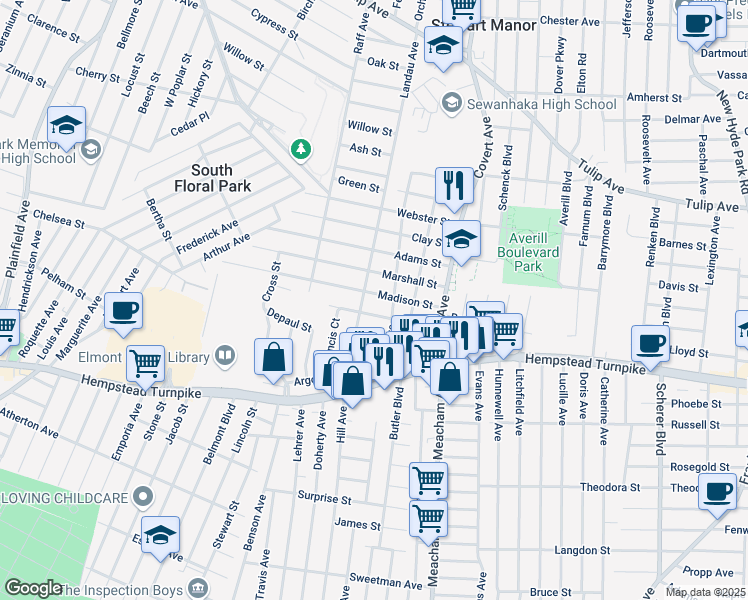 map of restaurants, bars, coffee shops, grocery stores, and more near 1444 Hancock Street in Elmont