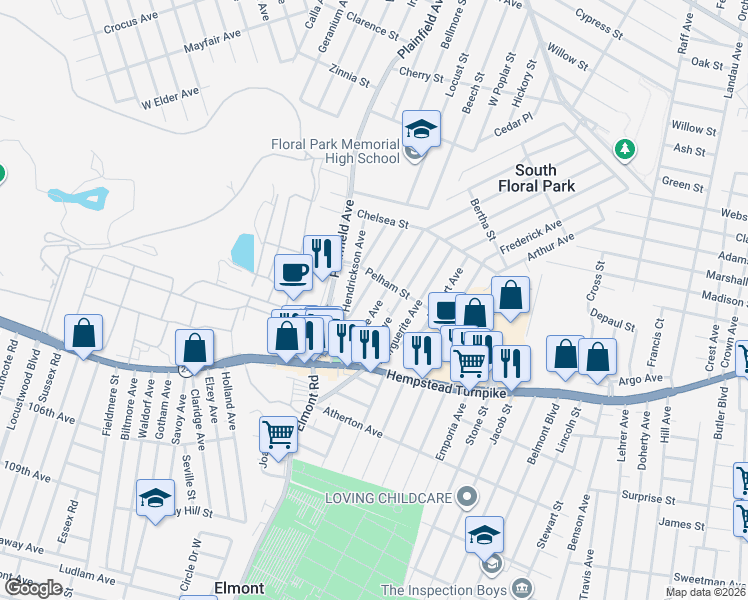 map of restaurants, bars, coffee shops, grocery stores, and more near 71 Roquette Avenue in Elmont