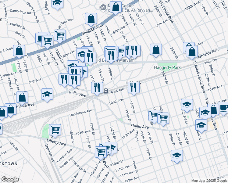 map of restaurants, bars, coffee shops, grocery stores, and more near 193-14 99th Avenue in Queens