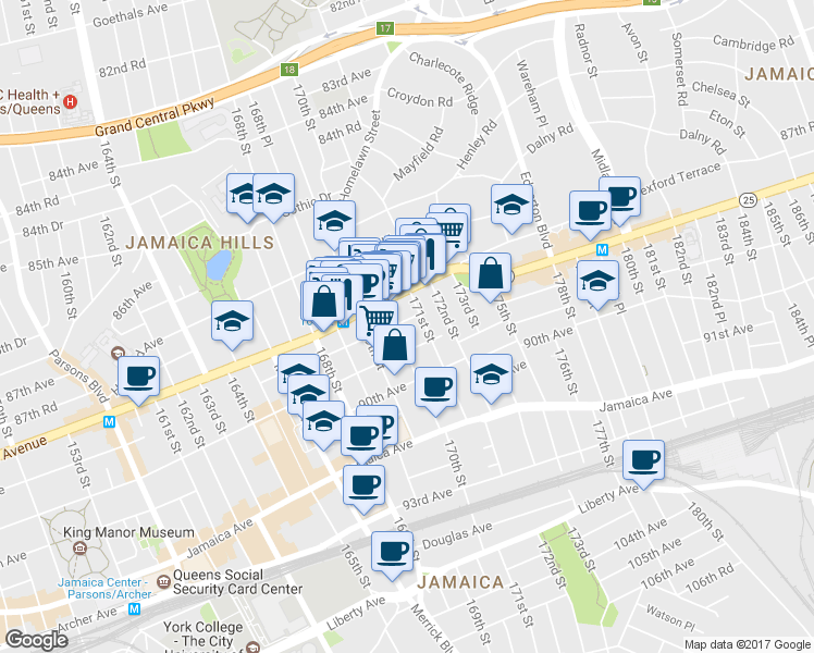 map of restaurants, bars, coffee shops, grocery stores, and more near 88-15 170th Street in Queens
