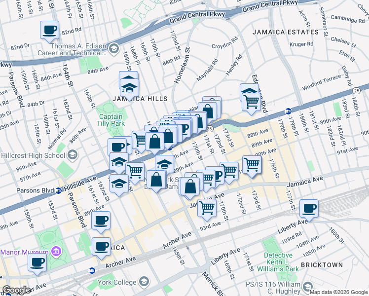 map of restaurants, bars, coffee shops, grocery stores, and more near 169-4 88th Avenue in Queens