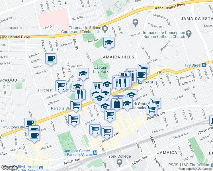 map of restaurants, bars, coffee shops, grocery stores, and more near 87-26 165th Street in Queens
