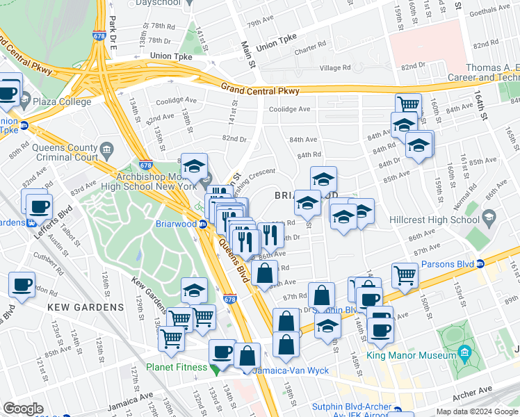 map of restaurants, bars, coffee shops, grocery stores, and more near 140-17 84th Drive in Queens