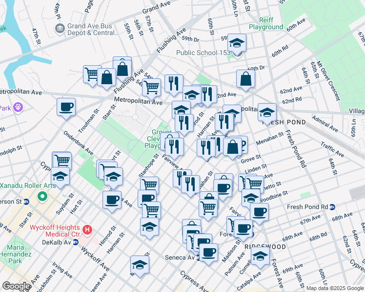 map of restaurants, bars, coffee shops, grocery stores, and more near 20-28 Himrod Street in Queens