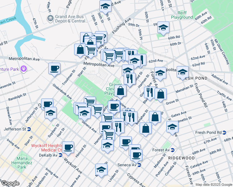map of restaurants, bars, coffee shops, grocery stores, and more near 20-02 Stanhope Street in Queens