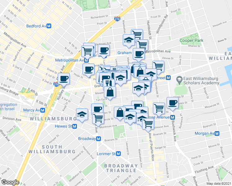 map of restaurants, bars, coffee shops, grocery stores, and more near in Brooklyn