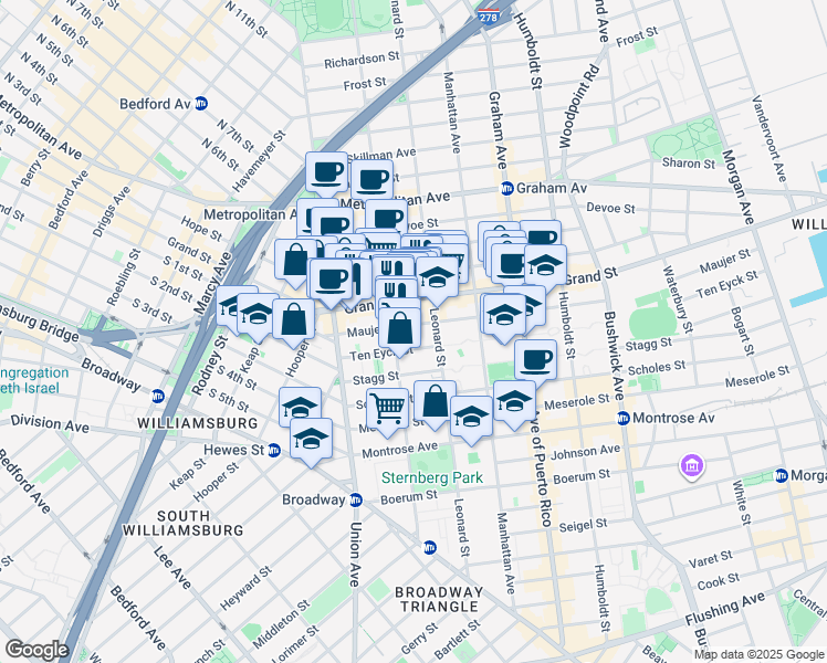 map of restaurants, bars, coffee shops, grocery stores, and more near 49 Ten Eyck Street in Brooklyn