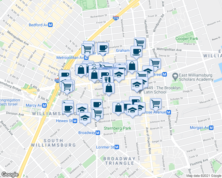map of restaurants, bars, coffee shops, grocery stores, and more near 49 Ten Eyck Street in Brooklyn