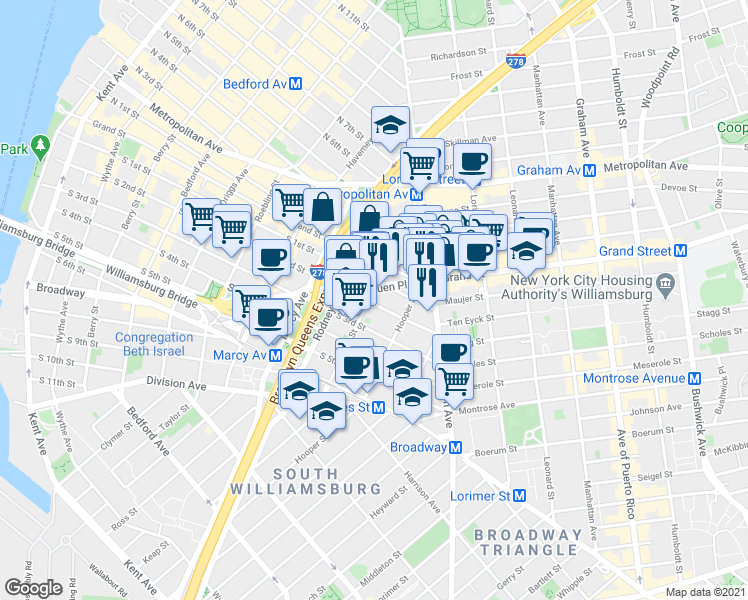 map of restaurants, bars, coffee shops, grocery stores, and more near 359 South 2nd Street in Brooklyn