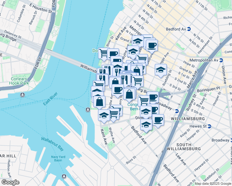 map of restaurants, bars, coffee shops, grocery stores, and more near 60 Broadway in Brooklyn