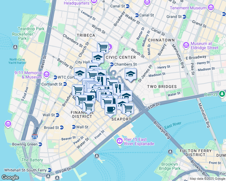 map of restaurants, bars, coffee shops, grocery stores, and more near 90 Gold Street in New York