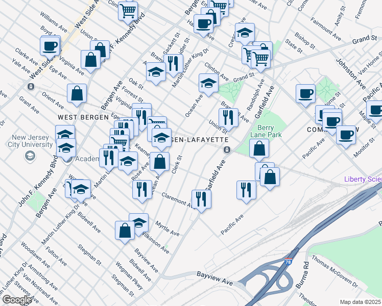 map of restaurants, bars, coffee shops, grocery stores, and more near 190 Clerk Street in Jersey City