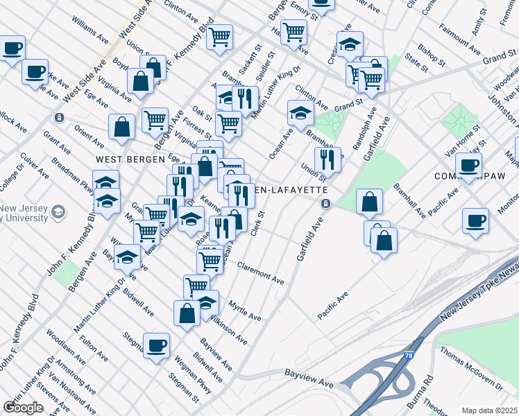 map of restaurants, bars, coffee shops, grocery stores, and more near 190 Clerk Street in Jersey City