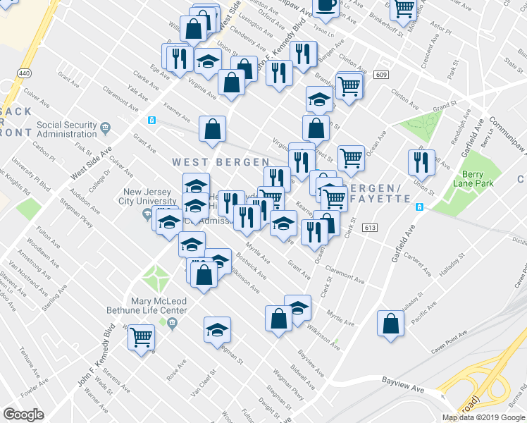 map of restaurants, bars, coffee shops, grocery stores, and more near 165 Claremont Avenue in Jersey City