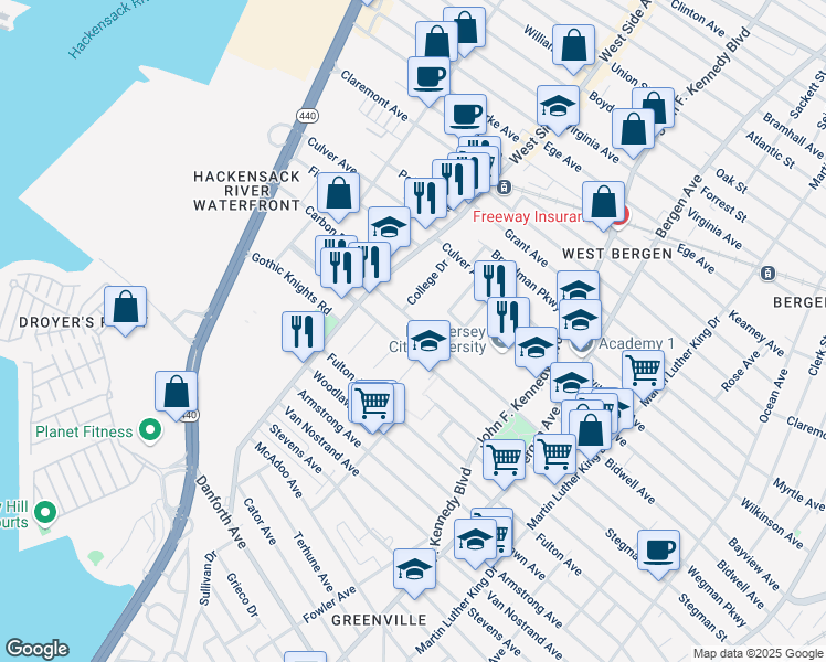 map of restaurants, bars, coffee shops, grocery stores, and more near 356 Stegman Parkway in Jersey City