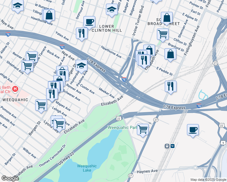 map of restaurants, bars, coffee shops, grocery stores, and more near 243-245 Meeker Avenue in Newark