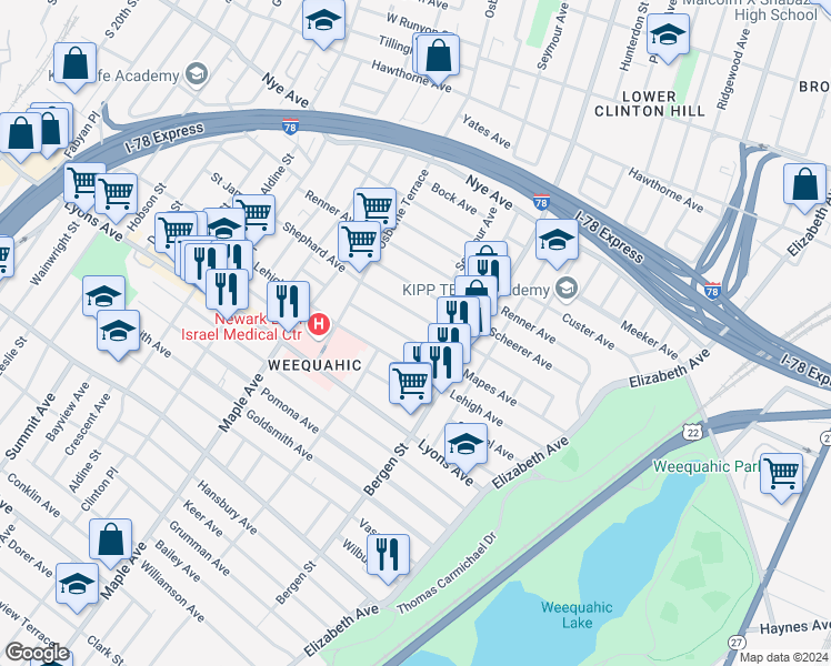 map of restaurants, bars, coffee shops, grocery stores, and more near 123 Mapes Avenue in Newark