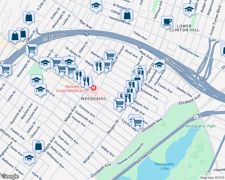 map of restaurants, bars, coffee shops, grocery stores, and more near 155 Lehigh Avenue in Newark