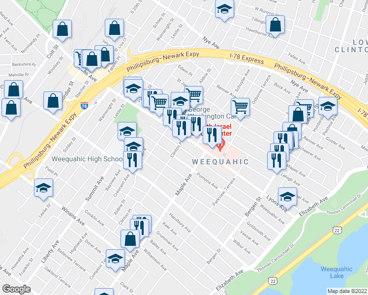 map of restaurants, bars, coffee shops, grocery stores, and more near 228 Weequahic Avenue in Newark
