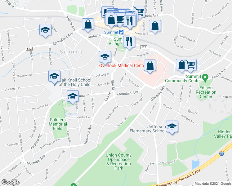 map of restaurants, bars, coffee shops, grocery stores, and more near 46 Mountain Avenue in Summit