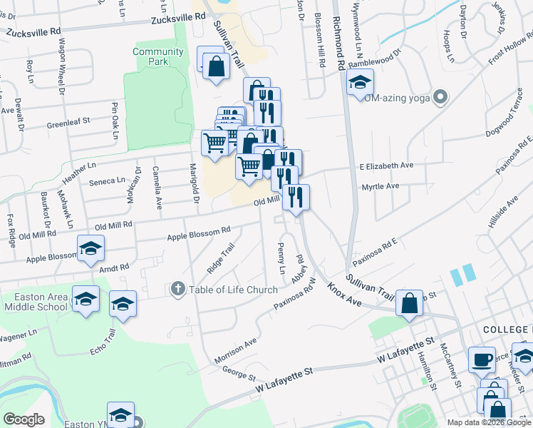 map of restaurants, bars, coffee shops, grocery stores, and more near 403 Apple Blossom Road in Easton