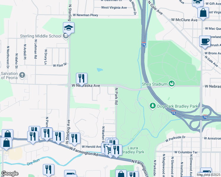 map of restaurants, bars, coffee shops, grocery stores, and more near 1808 North Otley Road in Peoria