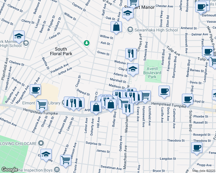 map of restaurants, bars, coffee shops, grocery stores, and more near 1444 Hancock Street in Elmont